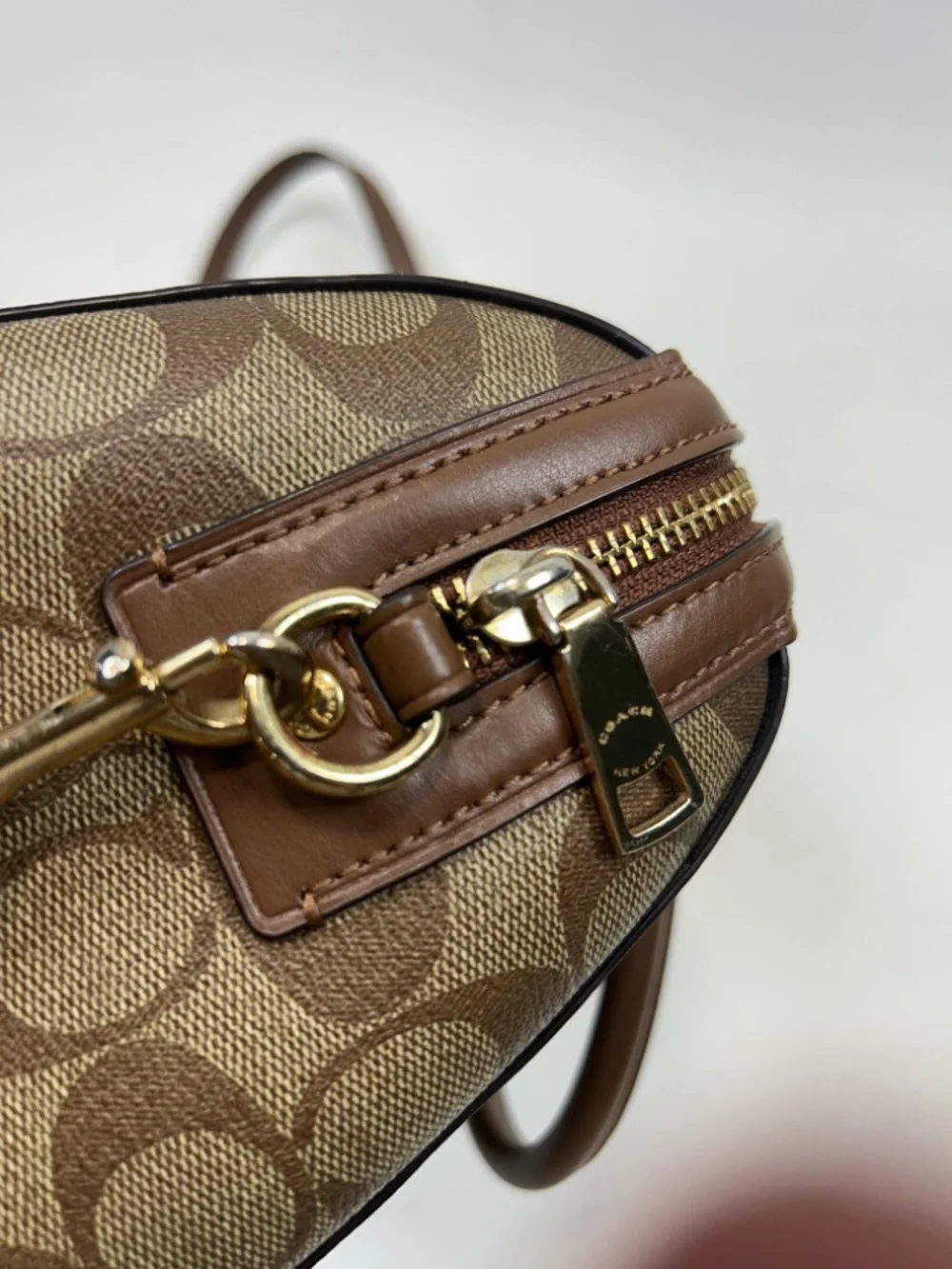 COACH Rowan Satchel in Khaki/Saddle Signature Coated Canvas Crossbody Strap